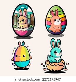 Set Of Different Style Cartoon Rabbit Inside Egg. Happy Easter Concept.