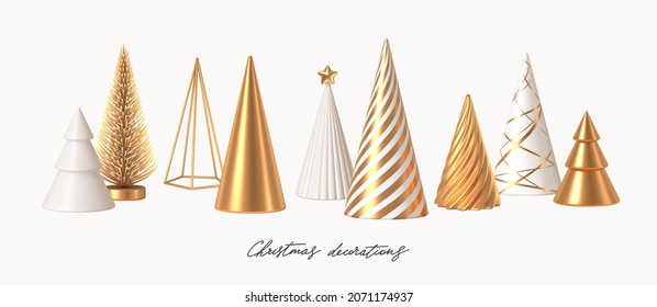 Set of different style Christmas tree cone. White and golden 3d render realistic abstract Christmas trees. Christmas decorations. Vector illustration.