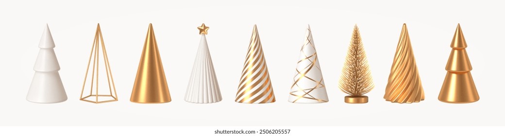 Set of different style Christmas tree cone. Christmas decorations. White and golden 3d render realistic abstract Christmas trees.  Vector illustration.