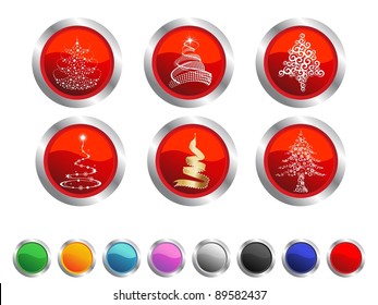 set of different style Christmas tree icons or buttons in red & more colors for Christmas & other occasions.