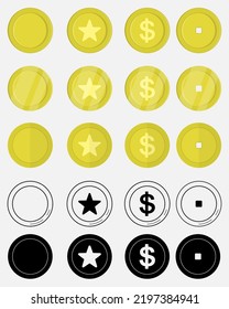 andere Stilmünzen in schwarz auf weiß und goldfarben setzen Symbol, Vektorgrafik EPS10