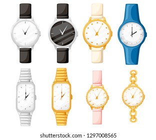Set of different style and color wrist watches. Man and women watches collection. Flat vector illustration isolated on white background.