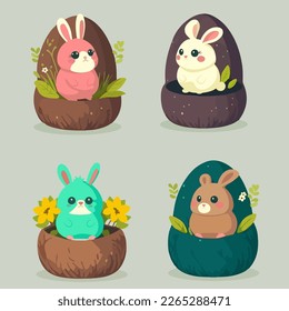 Conjunto De Diferentes Caracteres De Conejo Cuto De Estilo Contra El Paisaje De La Forma De Huevo Floral Y De La Hoja Sobre El Fondo Gris. Feliz Día de Pascua.