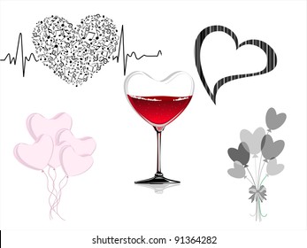 A set of different style heart shape on isolated background for Valentines Day.
