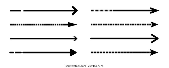 Set of different style long straight vector arrows. Long dashed line arrows