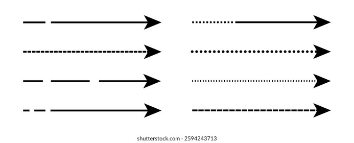 Set of different style long straight vector arrows. Long dashed line arrows