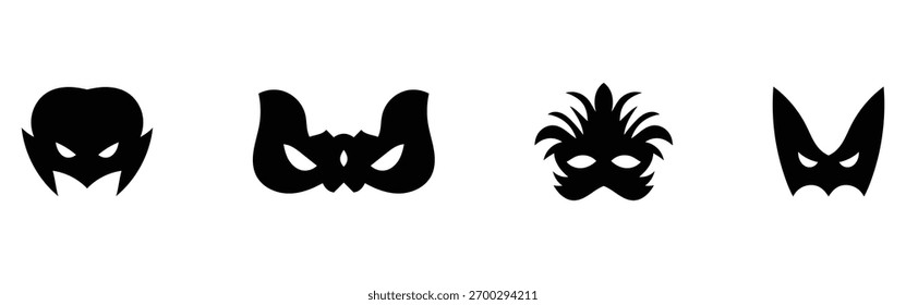 Conjunto de estilo diferente moderno máscara silhueta conjuntos na página branca. Ícones de máscara de grupo na página branca. Ícones de máscara cômica fantasia carnaval. Ícones isolados de máscara de crime de vetor. EPS 10. 
