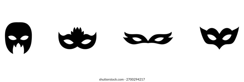 Conjunto de estilo diferente moderno máscara silhueta conjuntos na página branca. Ícones de máscara de grupo na página branca. Ícones de máscara cômica fantasia carnaval. Ícones isolados de máscara de crime de vetor. EPS 10. 