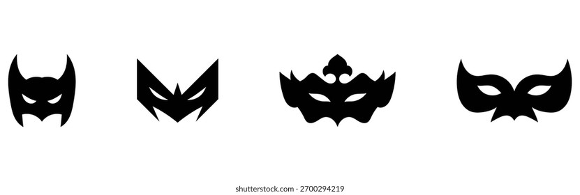 Conjunto de estilo diferente moderno máscara silhueta conjuntos na página branca. Ícones de máscara de grupo na página branca. Ícones de máscara cômica fantasia carnaval. Ícones isolados de máscara de crime de vetor. EPS 10. 