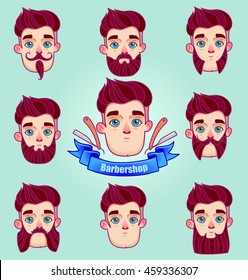 Set of different style mustaches and beards. Hipster style Moustache and Beard.Man faces avatar creator. Design flat avatars for social media or web site.barber shop logo graphics