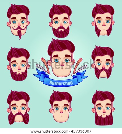 Set of different style mustaches and beards. Hipster style Moustache and Beard.Man faces avatar creator. Design flat avatars for social media or web site.barber shop logo graphics