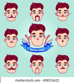 Set of different style mustaches. Hipster style Moustache.Man faces avatar creator. Design flat avatars for social media or web site.barber shop logo graphics