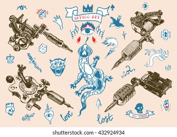 Set of different style realistic tattoo machines. Big vector set of hand drawn old school tattoo. 
