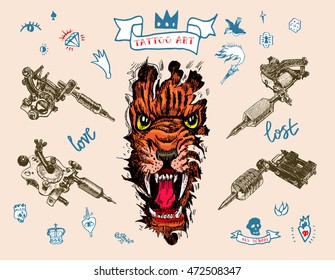 Set of different style realistic tattoo machines. Vector set of hand drawn old school tattoo. Illustration of a snarling tiger head breaking through ripping tearing and scratching the wall