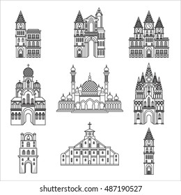 Set of different style religion and architecture churches. Vector line icons  