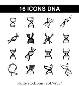 set of different style of scientific icons with spiral DNA in black and white on a white background