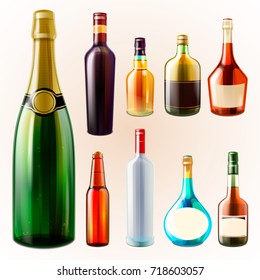 Set of different style, shape and color alcoholic drinks bottles. Vector illustration with icon of bar collection isolated on white background