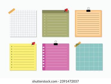 Set of different style sticky notes. Blank paper notes for to-do list, planner, bookmarks, reminders, memories and stickers. Templates for a note message. Aesthetic paper Vector illustration.