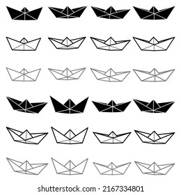 Set of different style vector illustrations of paper boat icons. Outline simple, silhouette, chalk and color craft boat isolated on white background. Icon symbol of travel and sea.
