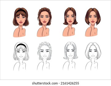 Set of different styles of bob hair cut illustration