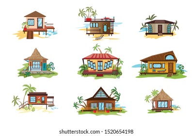 Set of different styles of bungalows on shore vector illustration