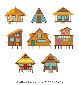 Set of different styles of bungalows on shore vector illustration, Beach shack house, vector bamboo hut, surfboard, Hawaiian surfing bungalow, summer tropical, Beach shack seashore sand clipart.