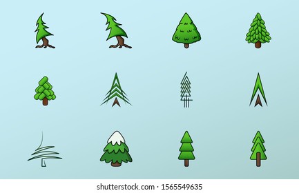 Set of different styles christmas trees, fir trees. Illustration pack of various logotypes for winter print and use on products during festive xmas season.  vector on light blue background