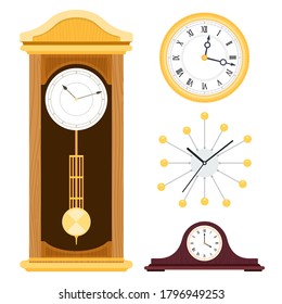 Set different styles of clocks for interior decoration vector icons in flat design on white.