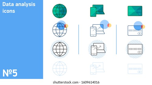 Set of different styles Data analysis icons for web. Set of line icons. Data analysis concept. 