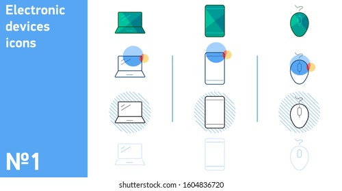 Set of different styles electronic devices icons for web. Set of smart devices and gadgets, computer equipment and electronics.