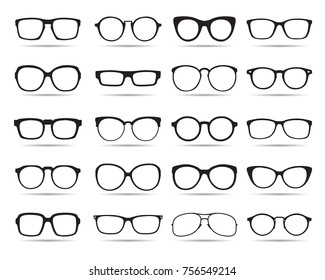 Set of different styles glasses. Fashion and lifestyle. Fashionable eyeglass frame shape. Vector outline files, black silhouettes separated on a white background.
