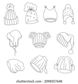 A set of different styles of hats. Vector outline illustration. Suitable for postcards, catalogs, pattern making. For posting on social networks. 