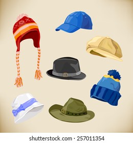 set of different styles of hats. vector illustration