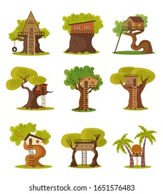 Set of different styles of houses on trees vector illustration