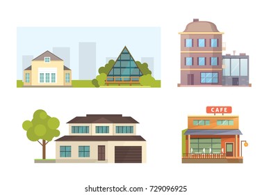 Set of different styles residential houses. City architecture retro and modern buildings. House front cartoon vector illustrations