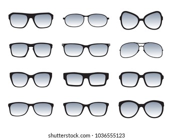 Set of different styles sunglasses. Fashion and lifestyle. Fashionable eyeglass frame shape. Vector outline files, black silhouettes separated on a white background.