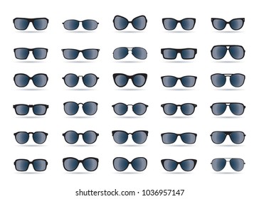 Set of different styles sunglasses. Fashion and lifestyle. Fashionable eyeglass frame shape. Vector outline files, black silhouettes separated on a white background.