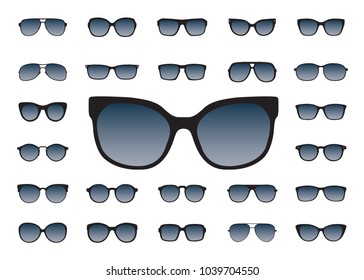 Set of different styles sunglasses. Fashion and lifestyle. Fashionable eyeglass frame shape. Vector outline files, black silhouettes separated on a white background.