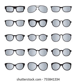  Set of different styles sunglasses. Fashion and lifestyle. Fashionable eyeglass frame shape. Vector outline files, black silhouettes separated on a white background.