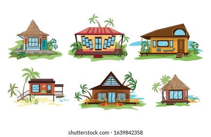 Set of different styles villa on the ocean beach in paradise. Vector illustration in flat cartoon style