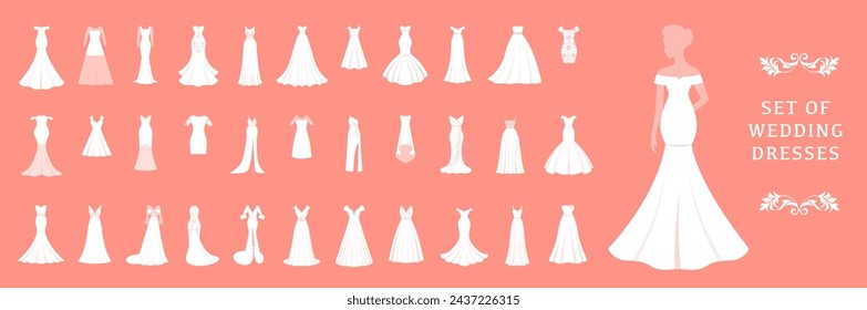Set of different styles wedding dresses, vector art image illustration