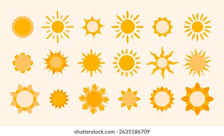 A set of different stylised sun icons in bright yellow and orange colours with unique shapes, geometric and organic elements.  Ideal for summer design, weather apps, children's books, educational