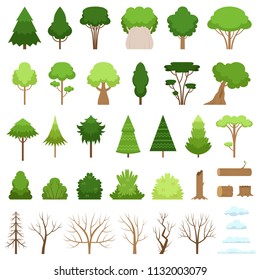 Set of different stylish forest, tropical and dry trees, bushes, stumps, logs and clouds. Vector illustration