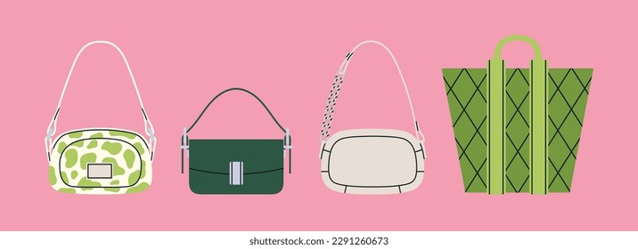 Mit verschiedenen stilvollen Handtaschen ausgestattet. Schulter- und Kreuzsackbeutel, Einkaufstasche. Mode und Lebensstil. Handgezeichnete Vektorgrafiken einzeln auf rosafarbenem Hintergrund. Trendige Formen und Farben