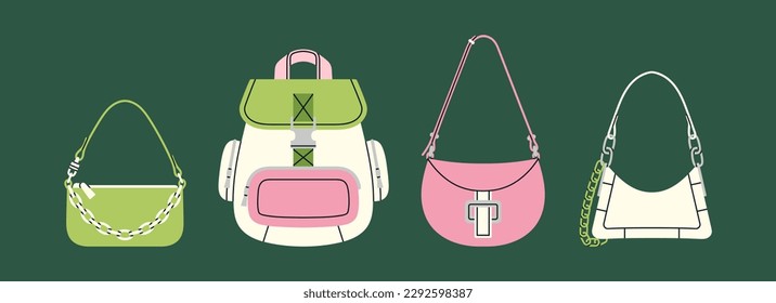 Mit verschiedenen stilvollen Handtaschen ausgestattet. Schultertaschen und Rucksack. Mode, Lifestyle und Online-Shopping. Handgezeichnete Vektorgrafiken einzeln auf grünem Hintergrund. Trendige Formen und Farben
