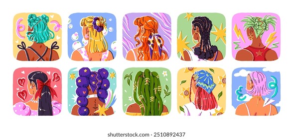 Set of different stylish women hairstyles back view. Cute tied up hair decor in various styles on girls' heads: braids, dreadlocks, buns. Flat isolated vector illustrations on white background