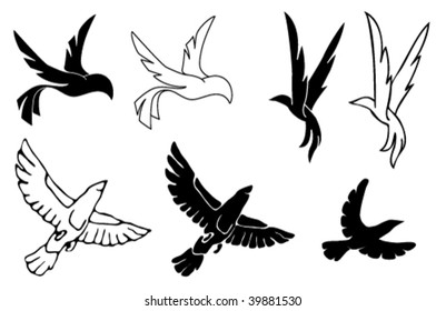 Set of different stylized black and white vector bird design elements