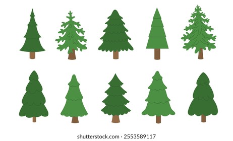 Set of different stylized Christmas trees. Evergreen forest. Holiday design for cards, banners, packaging and textiles. Traditional symbol of Christmas and New Year. Vector illustration.