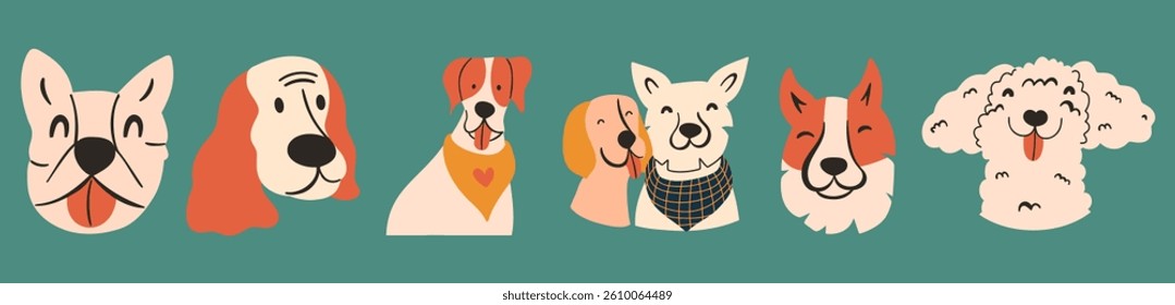 Set of different stylized hand drawn dog portraits. Funny pet faces. Vector illustration with animals