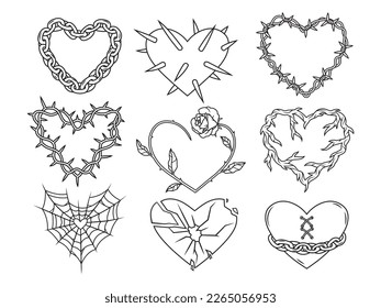 Set of different stylized hearts with spikes. Collection of design elements for a Valentine's Day card. Tattoo. Wedding heart. Vector illustration on white background.